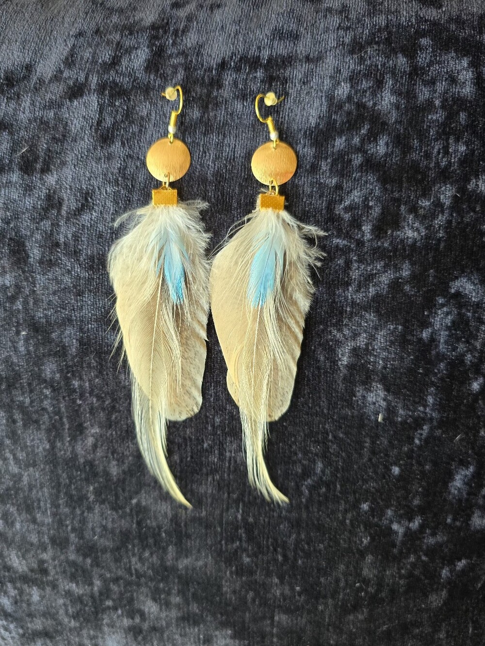 NEW Gold Tone Feather Drop Earrings Beige & Blue Handcrafted Boho Western Native